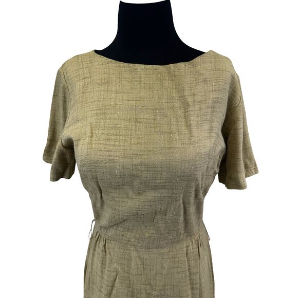 1970s Natural Linen Look Wiggle Dress – Small-Medium, Minimalist Retro Workwear - Picture 1 of 15